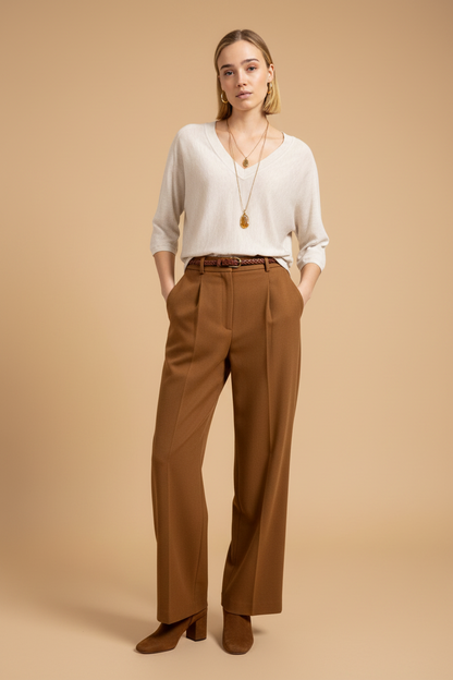 YAYA V-Ausschnitt-Pullover mit Dreiviertelärmeln und Nahtverzierungen Beige Melange
