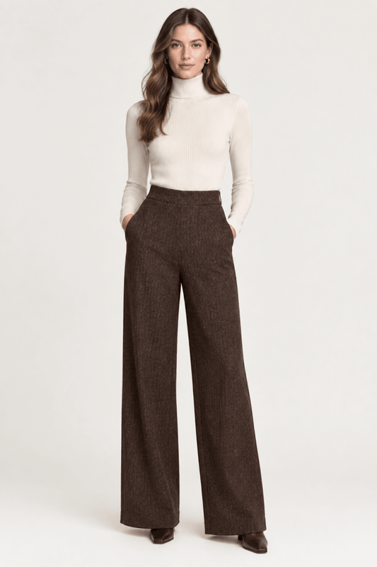Vila Hose High-Waist Weite Coffee Bean Melange