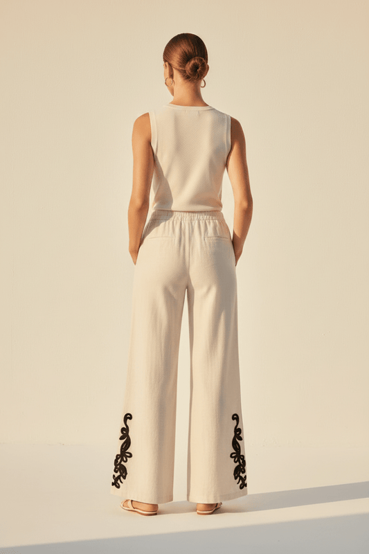 Vila Hose VIPOLLI HW 7/8 EMBROIDERY PANTS - Super Light Natural Melan BLACK