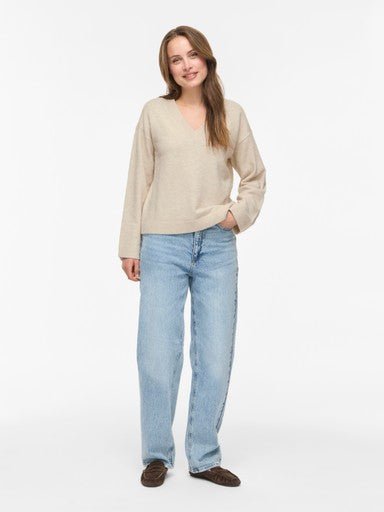 Vila Pullover Langarm Wendbar V-Ausschnitt Strick Top Birch Melange