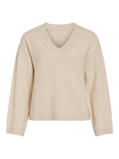 Vila Pullover Langarm Wendbar V-Ausschnitt Strick Top Birch Melange
