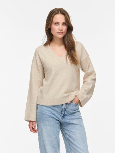 Vila Pullover Langarm Wendbar V-Ausschnitt Strick Top Birch Melange