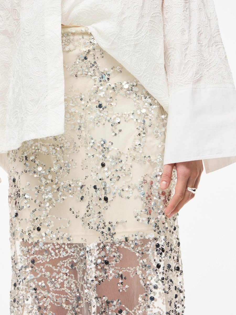 Vila ROUGE EDIT Midi - Rock ROULEONA HW ANKLE SKIRT Silver Sequins