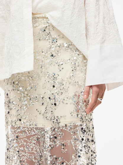 Vila ROUGE EDIT Midi - Rock ROULEONA HW ANKLE SKIRT Silver Sequins