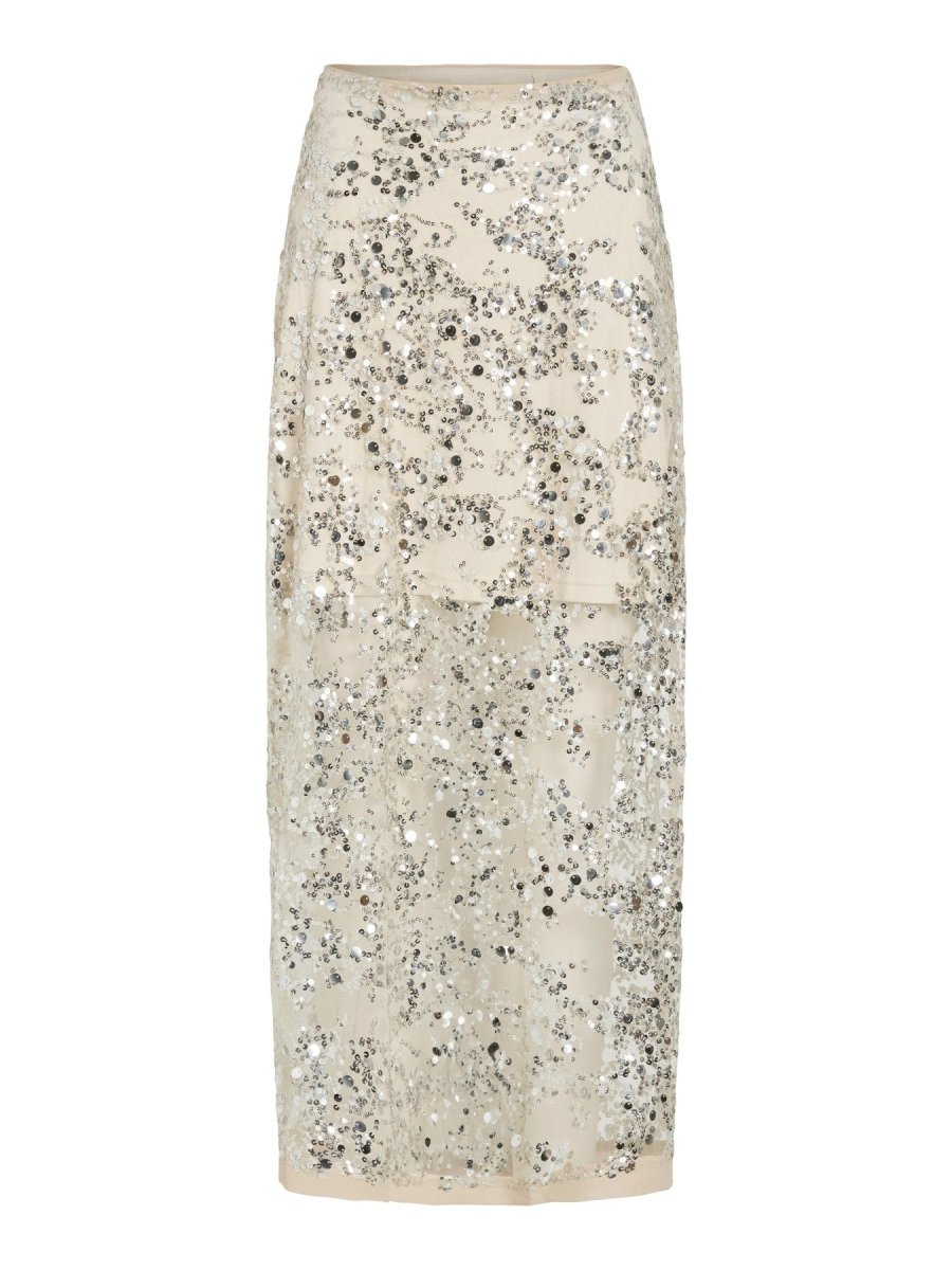 Vila ROUGE EDIT Midi - Rock ROULEONA HW ANKLE SKIRT Silver Sequins