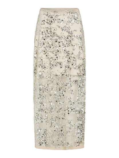Vila ROUGE EDIT Midi - Rock ROULEONA HW ANKLE SKIRT Silver Sequins