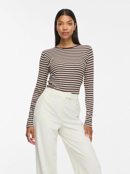 Vila Rundhals-Longsleeve Viavera in Coffee Bean Birch