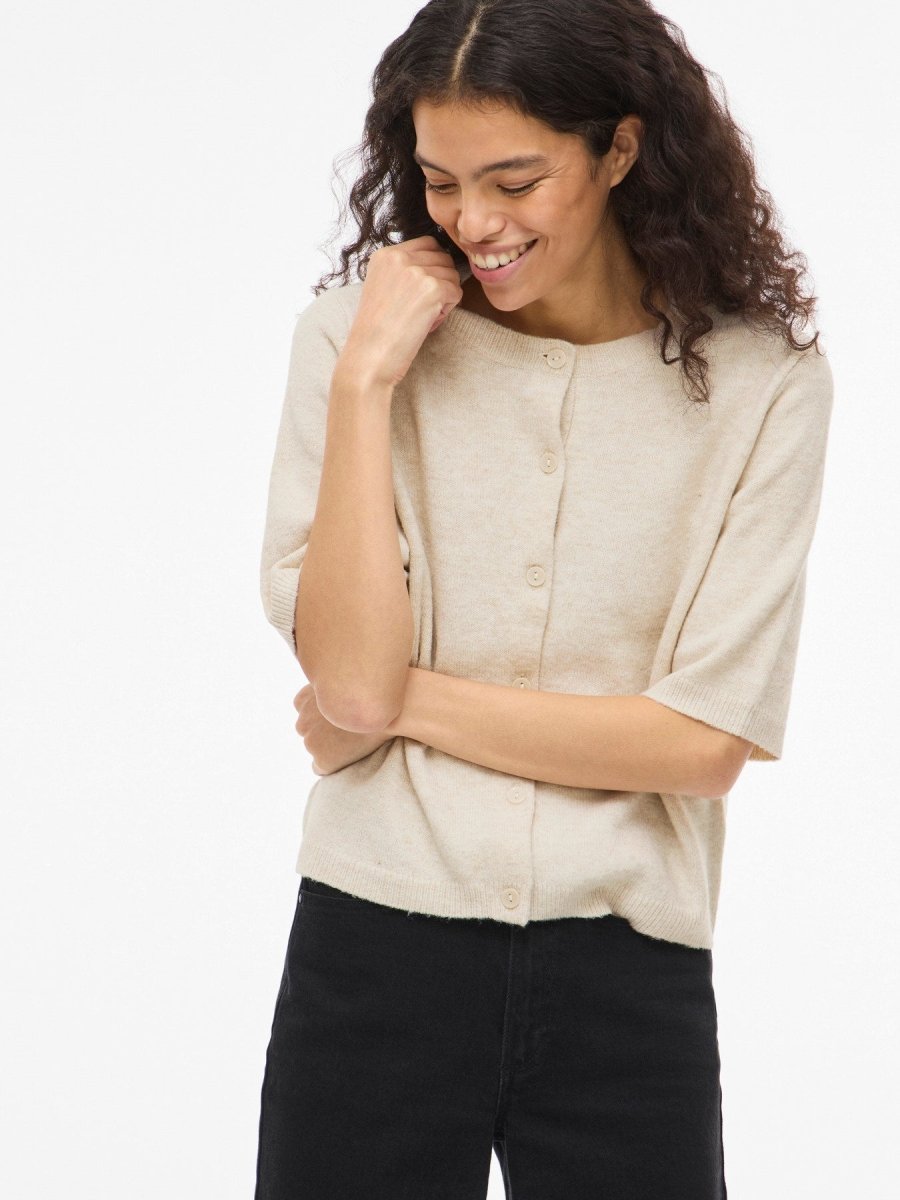 Vila Strickjacke 3/4-Arm Rundhals Strick Cardigan Birch Melange
