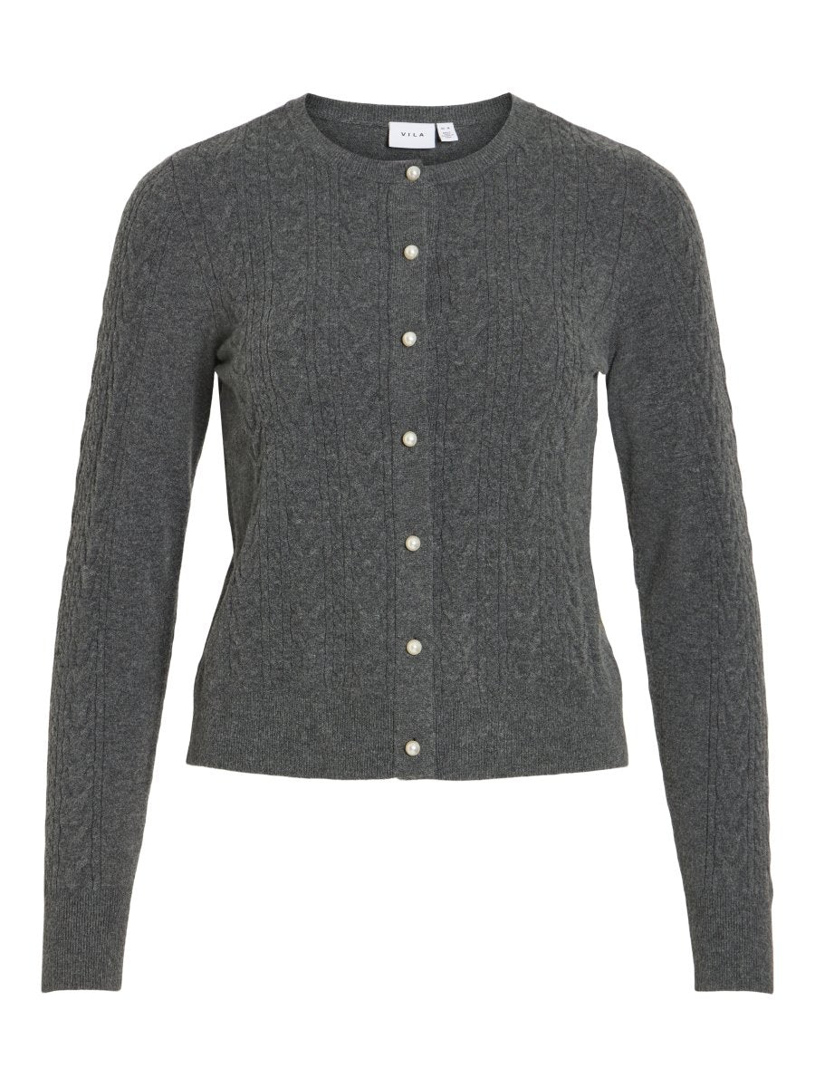 Vila Strickjacke Zopfmuster Langarm Strick Cardigan Dark Grey Melange