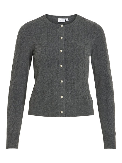 Vila Strickjacke Zopfmuster Langarm Strick Cardigan Dark Grey Melange