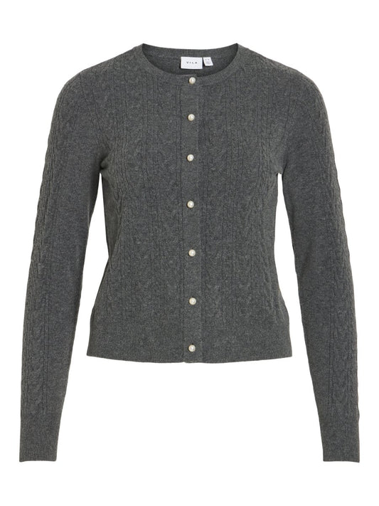 Vila Strickjacke Zopfmuster Langarm Strick Cardigan Dark Grey Melange
