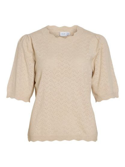 Vila Strickshirt Rundhals 3/4-Arm Strick Top Super Light Natural Melan