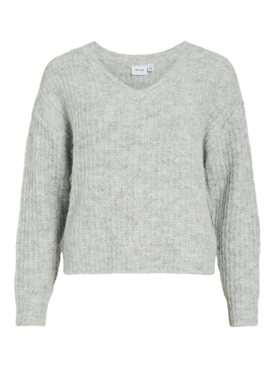 Vila Strickshirt V-Ausschnitt Langarm Strick Top Medium Grey Melange