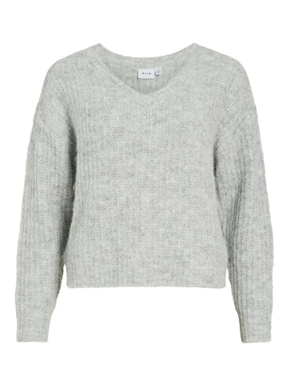 Vila Strickshirt V-Ausschnitt Langarm Strick Top Medium Grey Melange