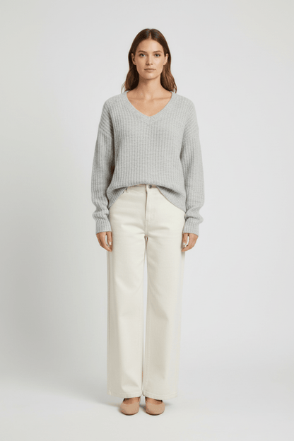 Vila Strickshirt V-Ausschnitt Langarm Strick Top Medium Grey Melange