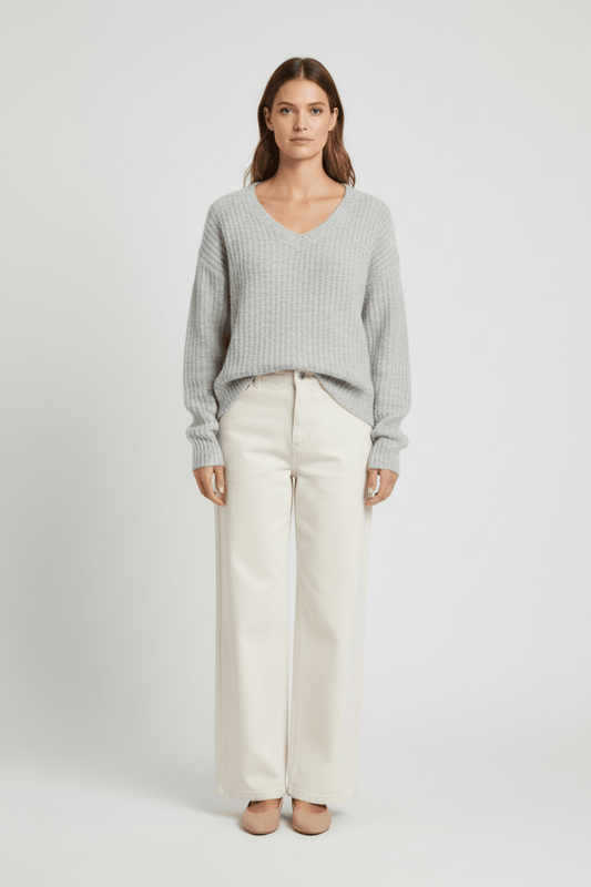 Vila Strickshirt V-Ausschnitt Langarm Strick Top Medium Grey Melange