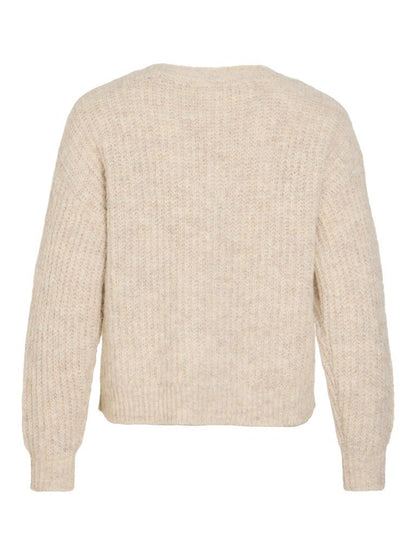 Vila Strickshirt V-Ausschnitt Langarm Strick Top Super Light Natural Melan