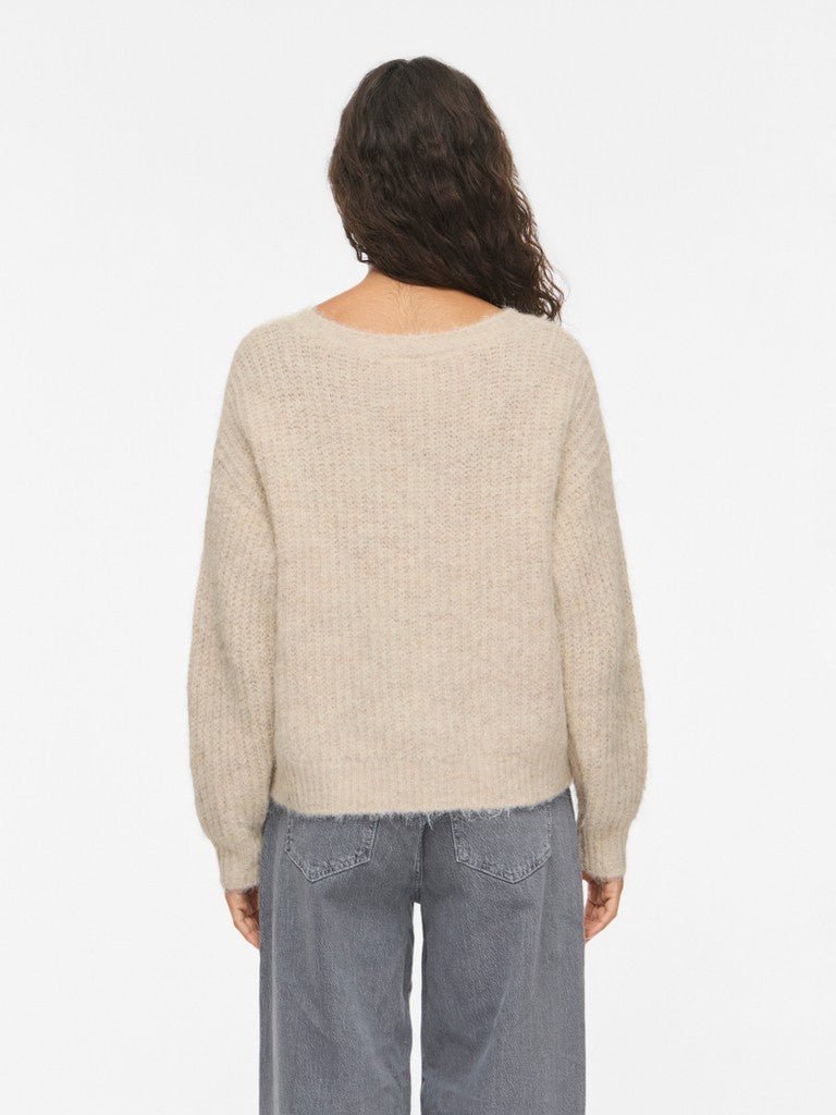 Vila Strickshirt V-Ausschnitt Langarm Strick Top Super Light Natural Melan