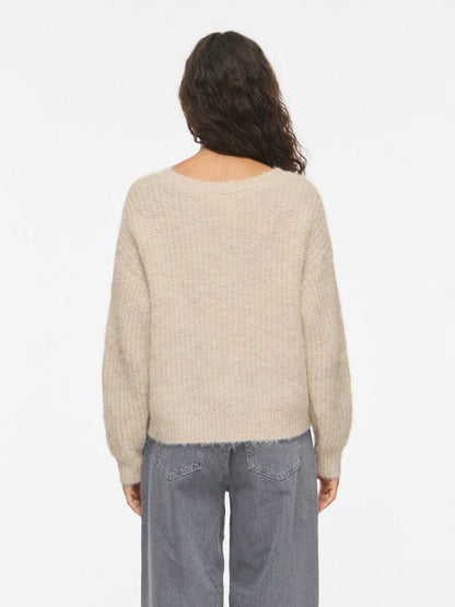 Vila Strickshirt V-Ausschnitt Langarm Strick Top Super Light Natural Melan