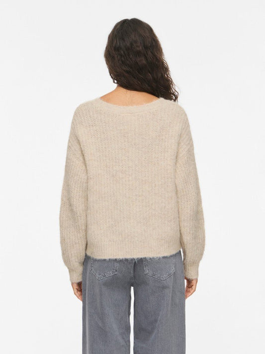 Vila Strickshirt V-Ausschnitt Langarm Strick Top Super Light Natural Melan