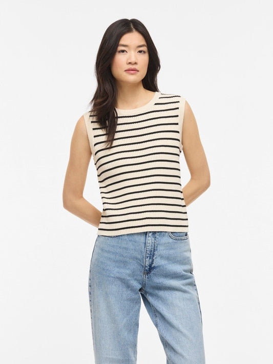Vila Stricktop VIMALU RIB Ärmellos O-NECK KNIT TOP - Sandshell BLACK