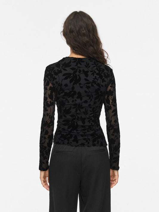 Vila Top Langarm Stehkragen Black Beauty Flock Flower