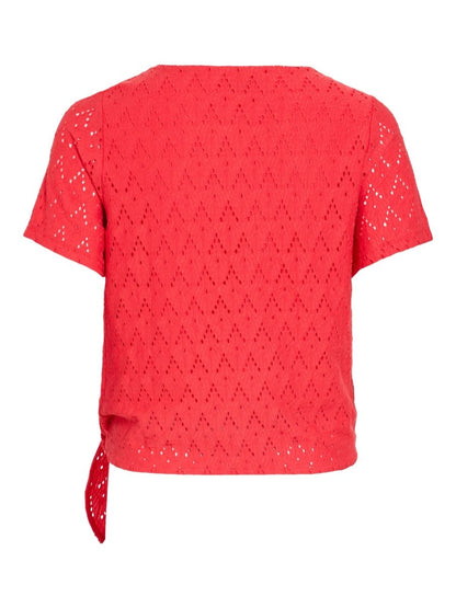 Vila Top VIAMALINA OPEN O-NECK S/S TOP/VOL/PB - Hibiscus