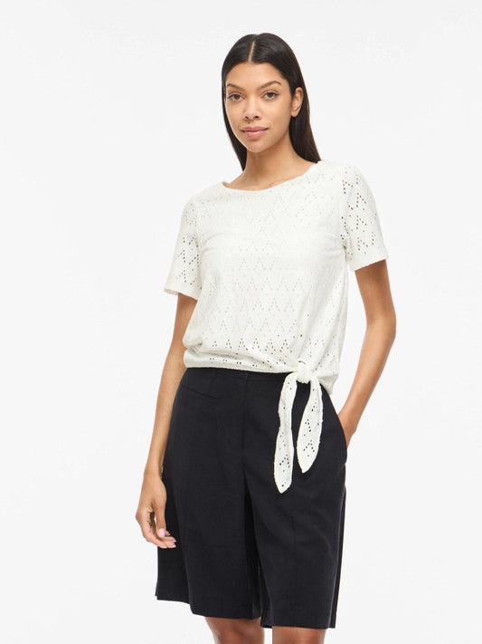 Vila Top VIAMALINA OPEN O-NECK S/S TOP/VOL/PB - Snow White