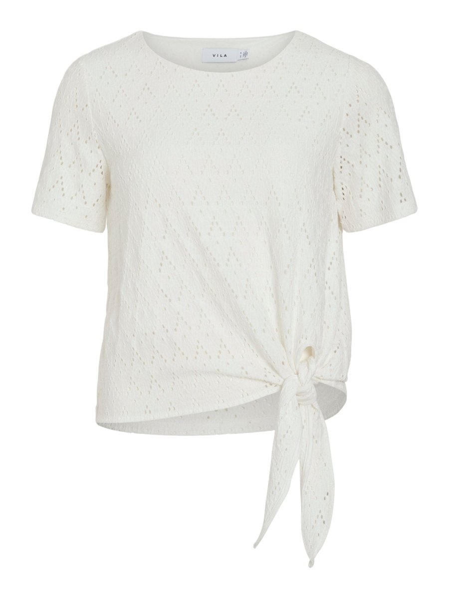 Vila Top VIAMALINA OPEN O-NECK S/S TOP/VOL/PB - Snow White