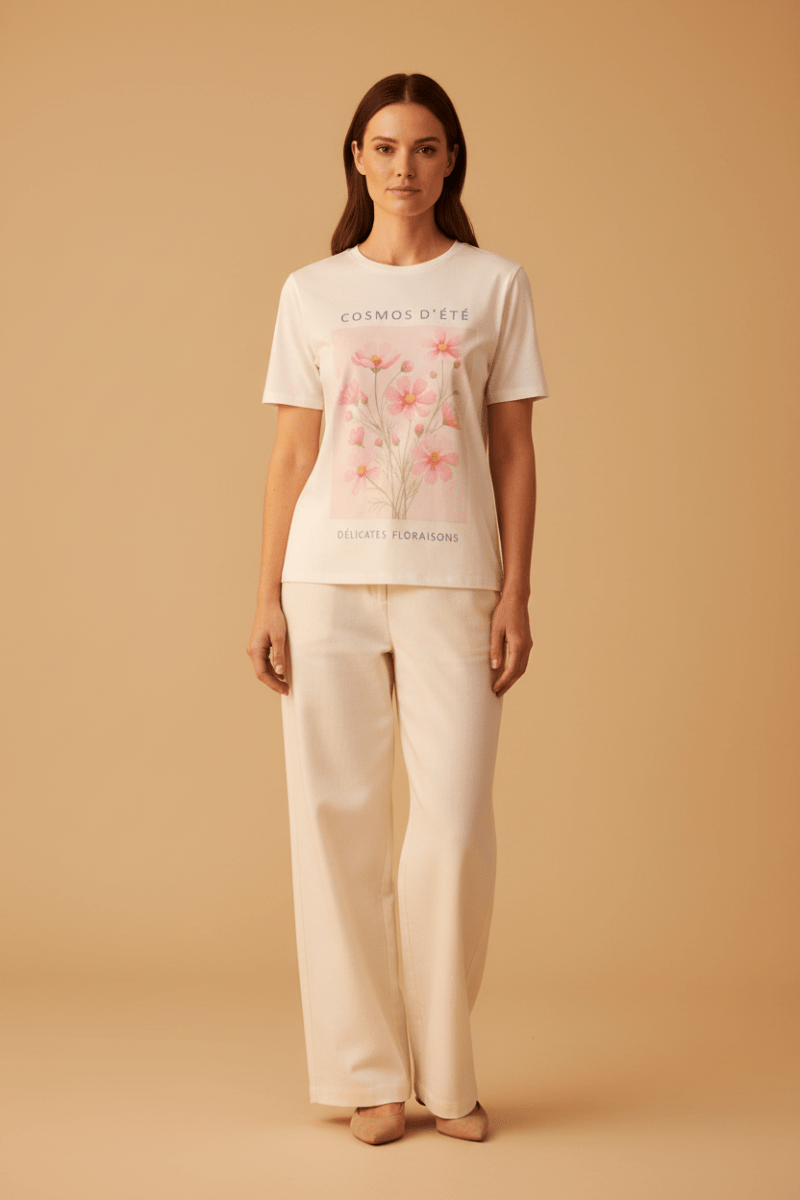 Vila Top Viangala Kurzarm Printed T-Shirt - Snow White PINK FLOWER
