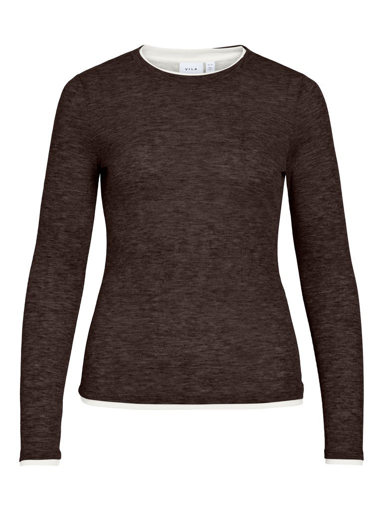 Vila Top Vielianne O-Neck Langarm in Coffee Bean