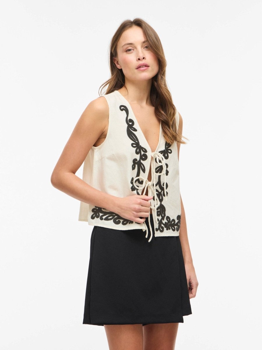 Vila Top VIPOLLI S/L EMBROIDERY VEST - Super Light Natural Melan EMBROIDERY