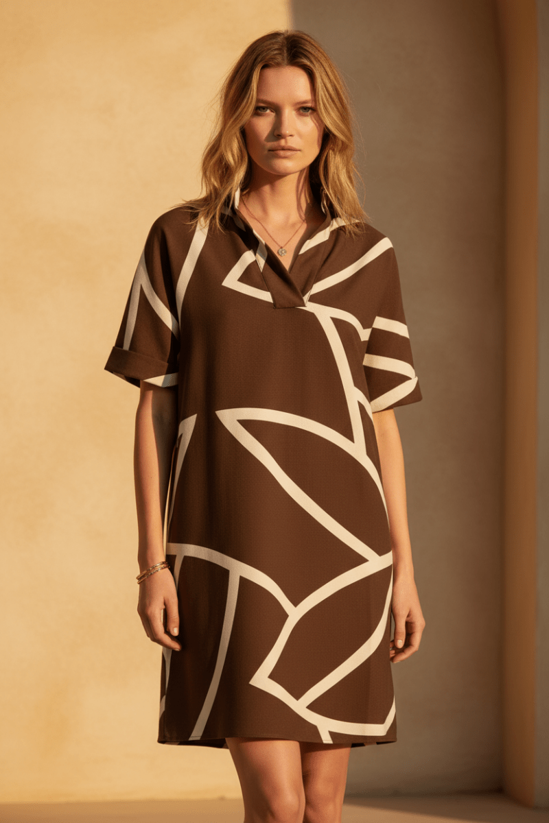 YAYA bedrucktes Kleid mit Polo Kragen CHOCOLATE MARTINI BROWN DESSIN
