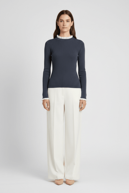 YAYA Feingestricktes Rippen-Top mit Rüschendetails Odyssey Grau