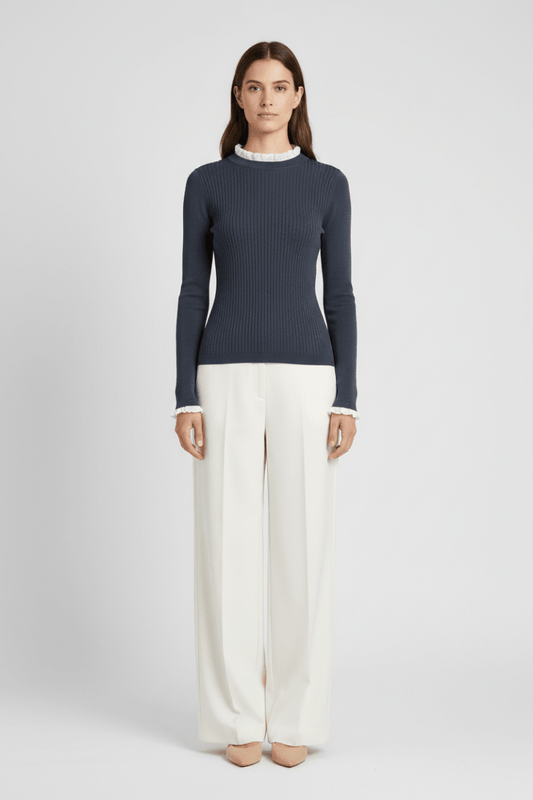 YAYA Feingestricktes Rippen-Top mit Rüschendetails Odyssey Grau
