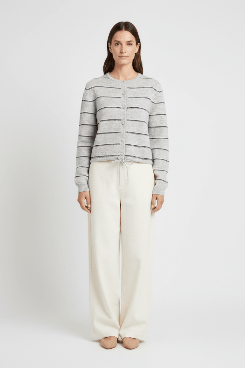 YAYA Gestreifte Strickjacke mit Bindedetail Mittelgrau Melange