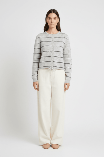 YAYA Gestreifte Strickjacke mit Bindedetail Mittelgrau Melange