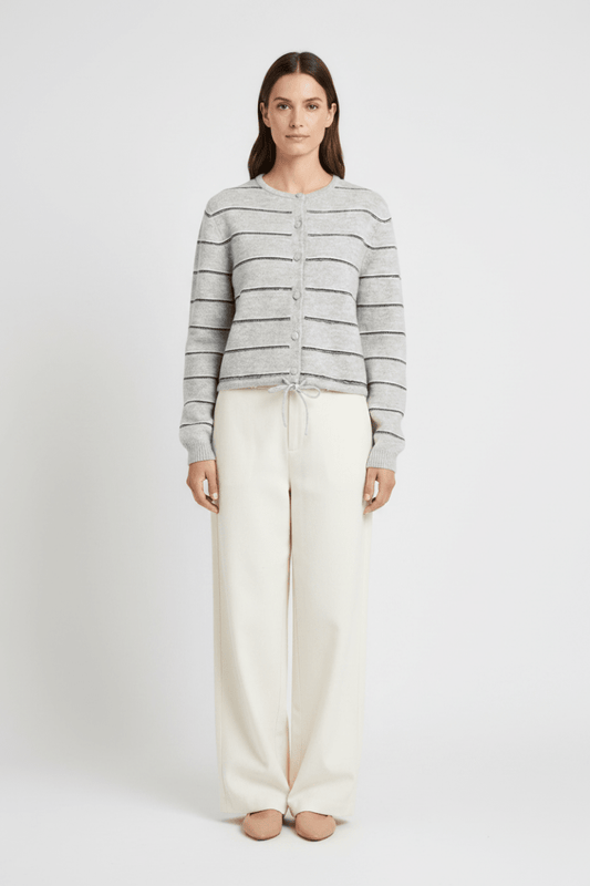 YAYA Gestreifte Strickjacke mit Bindedetail Mittelgrau Melange