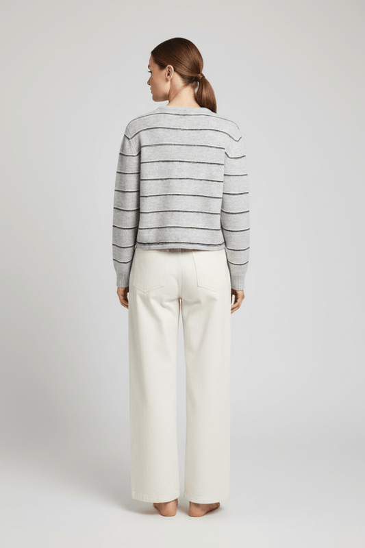 YAYA Gestreifte Strickjacke mit Bindedetail Mittelgrau Melange