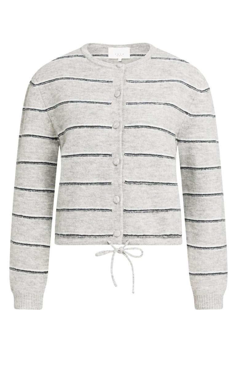 YAYA Gestreifte Strickjacke mit Bindedetail Mittelgrau Melange