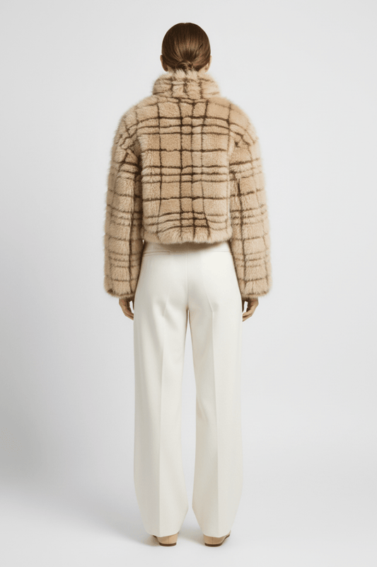 YAYA Kunstfell-Jacke mit Kragen und Karomuster Pure Cashmere Grau Dessin