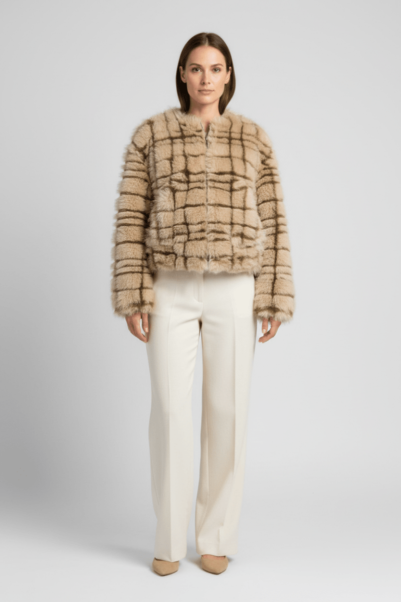 YAYA Kunstfell-Jacke mit Kragen und Karomuster Pure Cashmere Grau Dessin