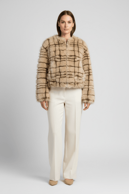 YAYA Kunstfell-Jacke mit Kragen und Karomuster Pure Cashmere Grau Dessin