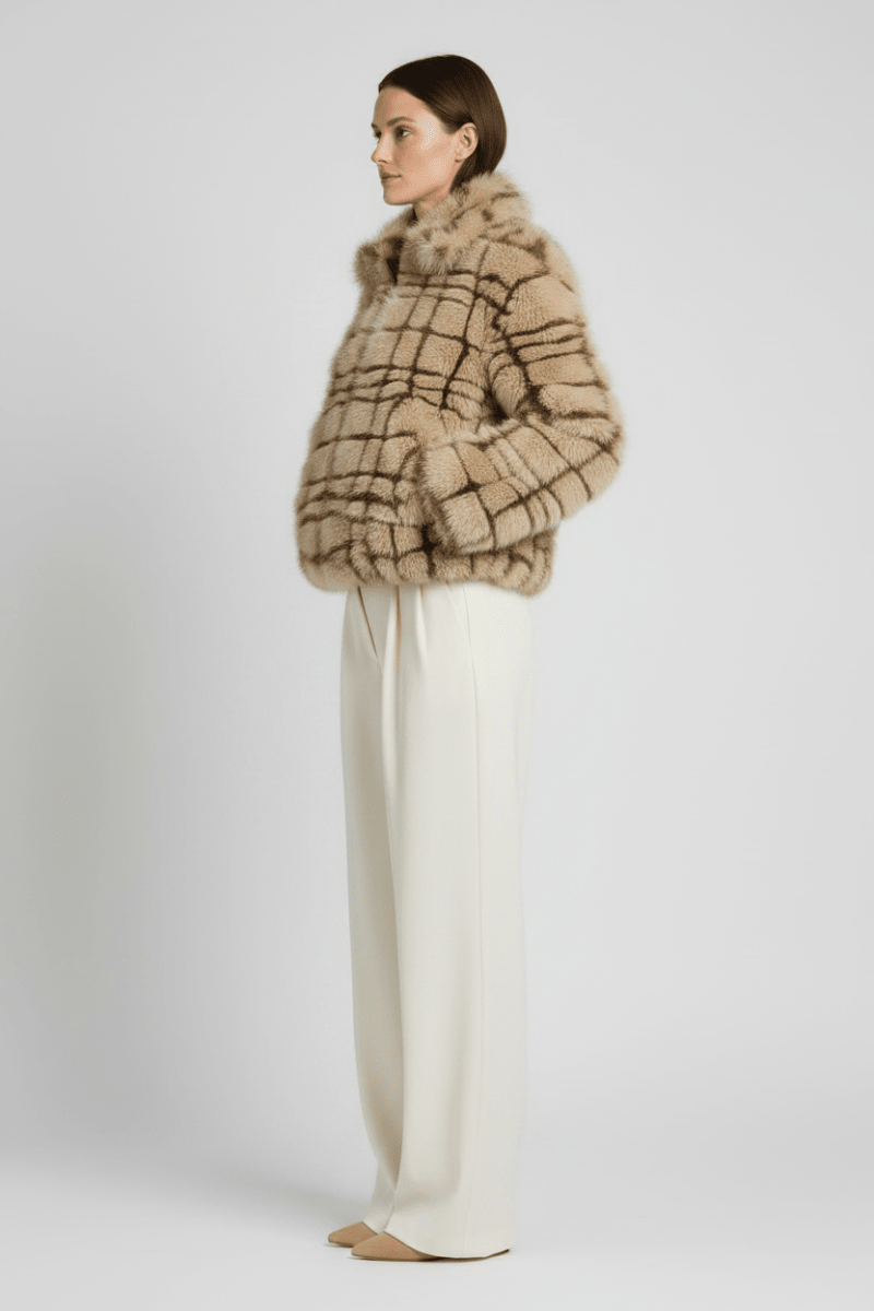 YAYA Kunstfell-Jacke mit Kragen und Karomuster Pure Cashmere Grau Dessin