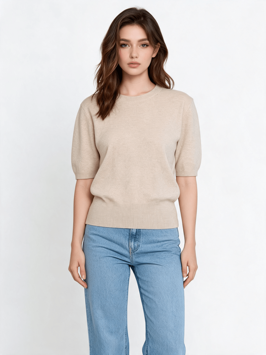 YAYA Kurzarmpullover mit freiem Rücken Sand