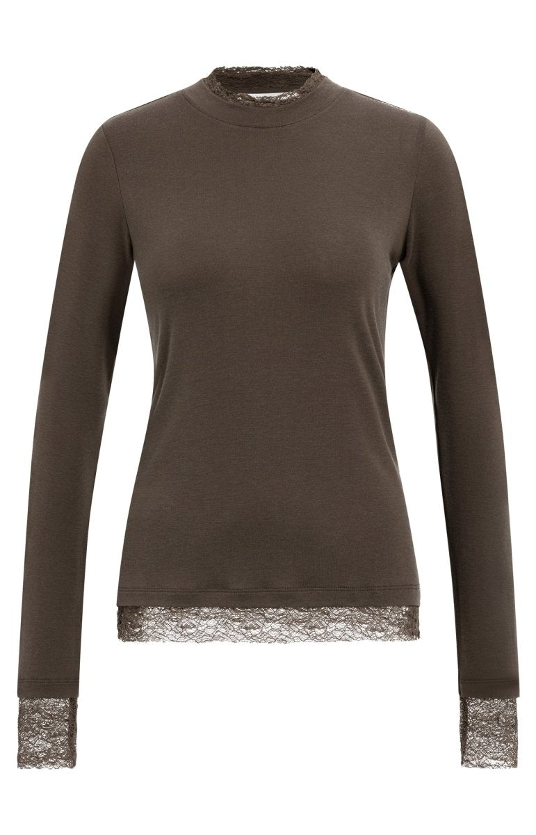 YAYA Langärmeliges Jersey-Oberteil mit Spitzendetails Slate Schwarzbraun