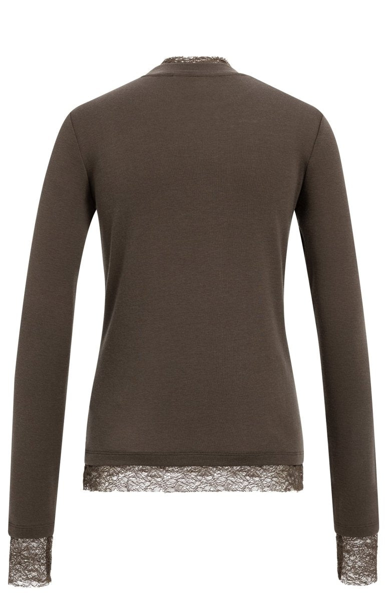 YAYA Langärmeliges Jersey-Oberteil mit Spitzendetails Slate Schwarzbraun