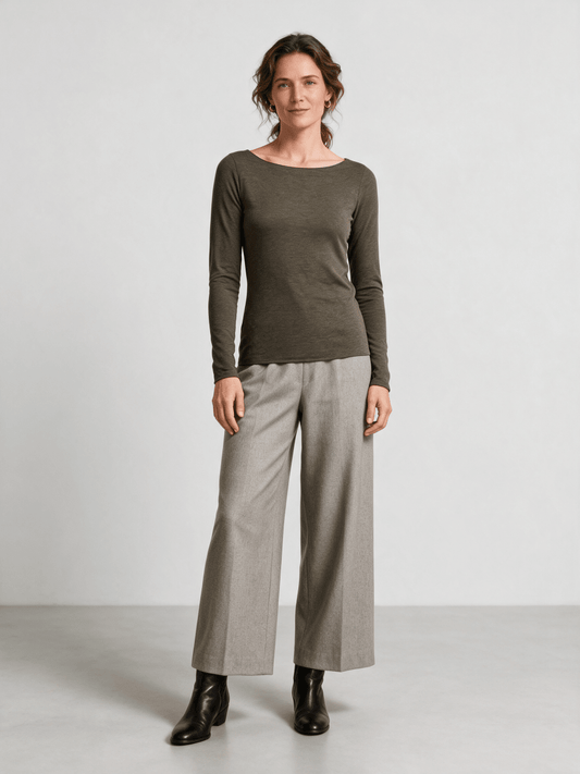 YAYA Langarm-Oberteil mit U-Boot-Ausschnitt Slate Schwarzbraun Melange