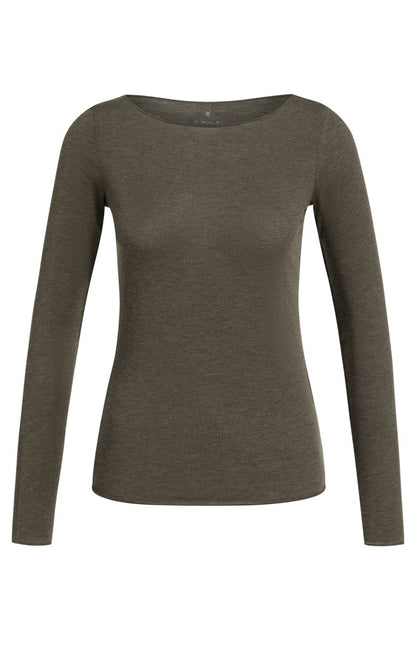 YAYA Langarm-Oberteil mit U-Boot-Ausschnitt Slate Schwarzbraun Melange