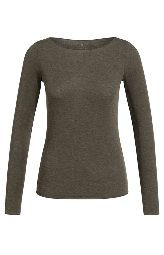 YAYA Langarm-Oberteil mit U-Boot-Ausschnitt Slate Schwarzbraun Melange